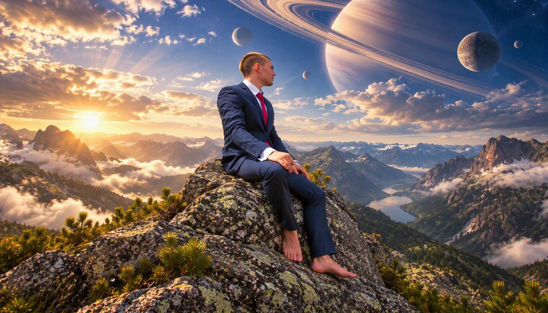 Junger Mann barfuß und im Geschäftsanzug in den Bergen vor Saturn am Himmel